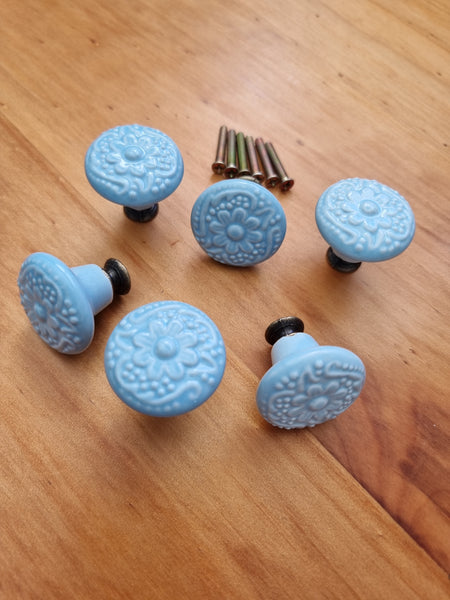 Ceramic duck egg blue floral Drawer handle pull