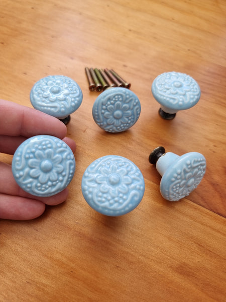 Ceramic duck egg blue floral Drawer handle pull
