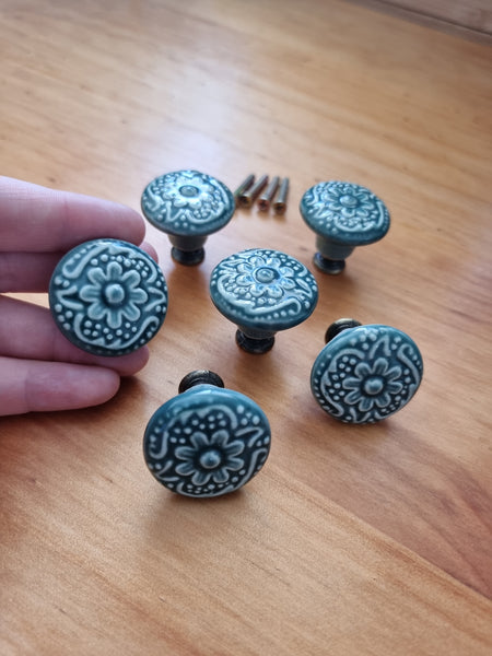 Ceramic Green floral Drawer handle pull