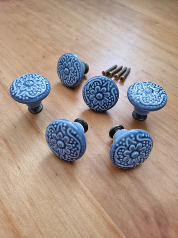 Ceramic Navy blue floral Drawer handle pull