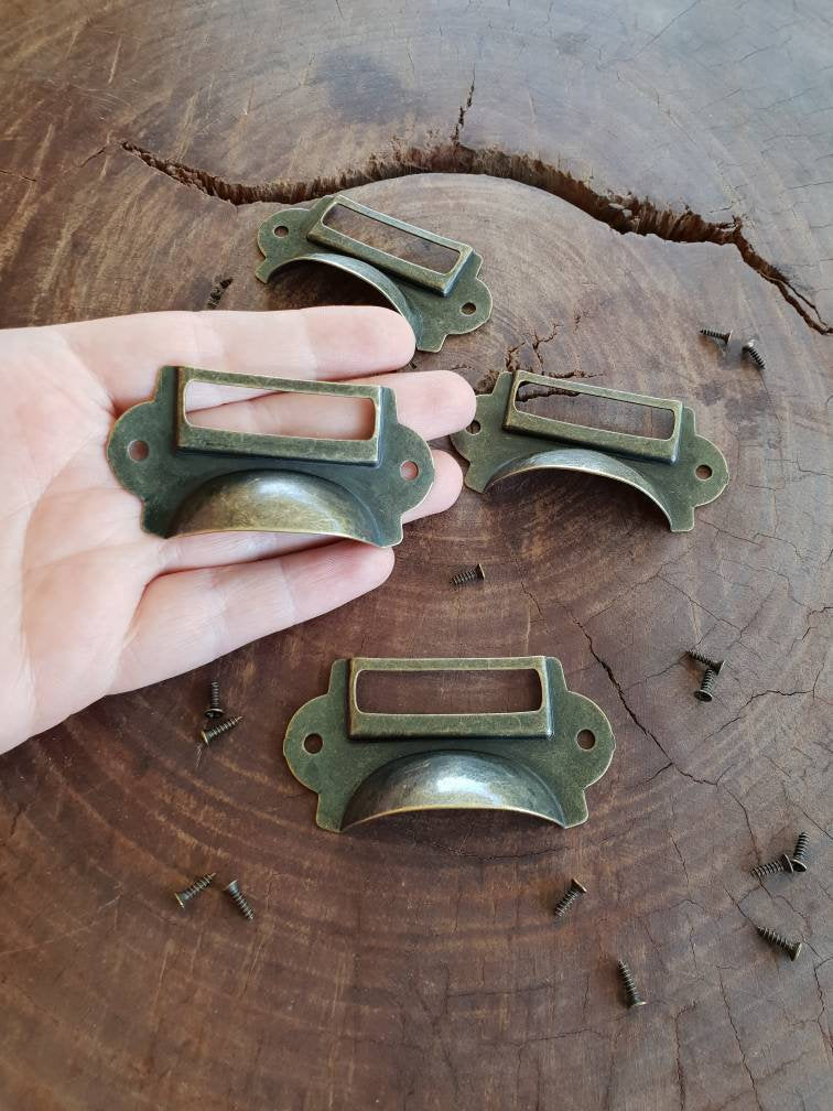 Metal Label Drawer handle pull -ADD your own labels! Apothecary style - 69mm x 35mm
