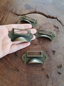 Metal Label Drawer handle pull -ADD your own labels! Apothecary style - 69mm x 35mm