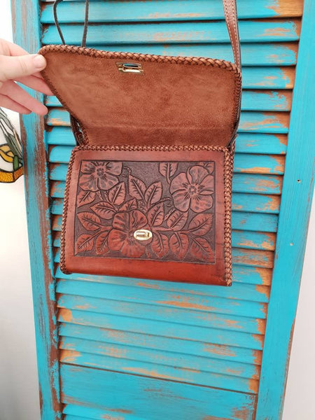 Vintage Leather Tooled BAG Boho Handbag Day Everyday Womens Shoulder Music Festival Purse Accessory Bohemian Gypsy Hippy Roses Hand Carved