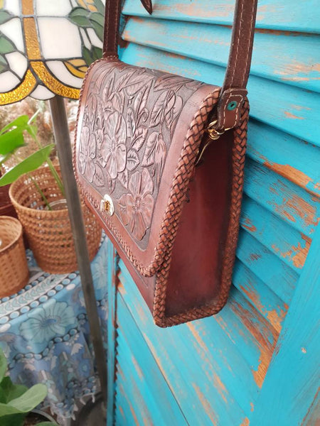 Vintage Leather Tooled BAG Boho Handbag Day Everyday Womens Shoulder Music Festival Purse Accessory Bohemian Gypsy Hippy Roses Hand Carved