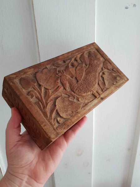 Vintage antique Wood carved Peacock wooden box - home decor jewellery trinkets