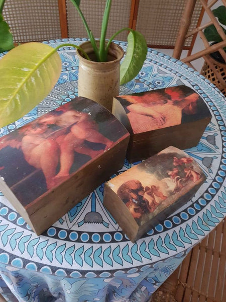 Vintage Wood Angel cherub wooden box set of 3 - home decor jewellery trinkets