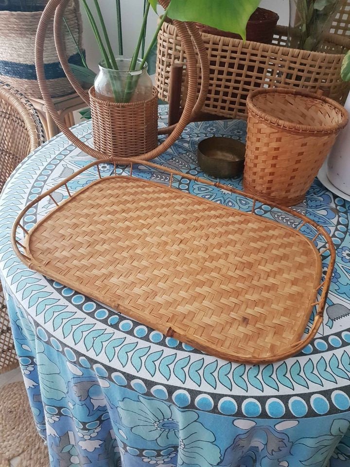 Wicker Serving Tray -  Decoration Boho Retro Vintage Homewares Home Decor Country Rattan Cane Bohemian Drinks