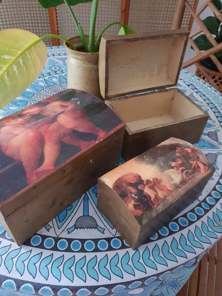 Vintage Wood Angel cherub wooden box set of 3 - home decor jewellery trinkets