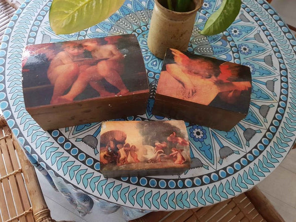 Vintage Wood Angel cherub wooden box set of 3 - home decor jewellery trinkets